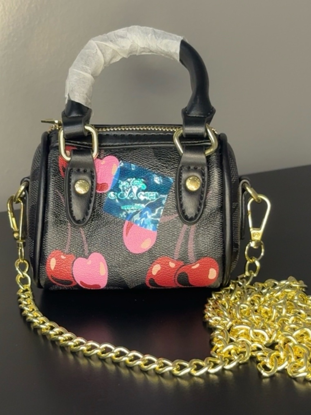 Coach Black Mini Satchel with Cherry Print and Gold Chain